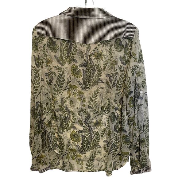 Adore Sheer Floral & Striped Twill Mixed Media Top Women's XL Green Gray Button - Picture 3 of 7